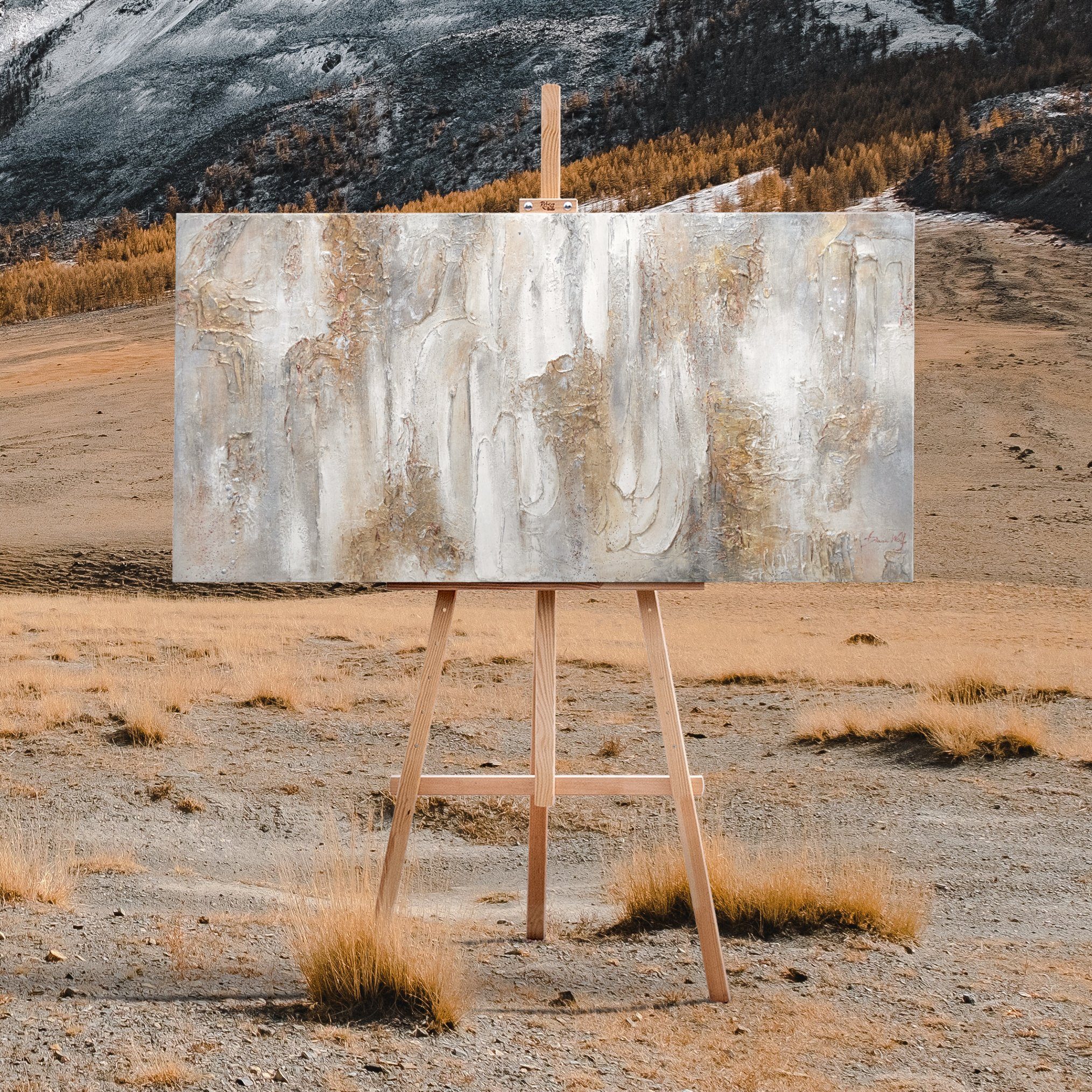 YS-Art Gemälde Philosophie, Abstrakte Bilder, Weiß Beige Gold Abstraktes Leinwand Bild Handgemalt 3D