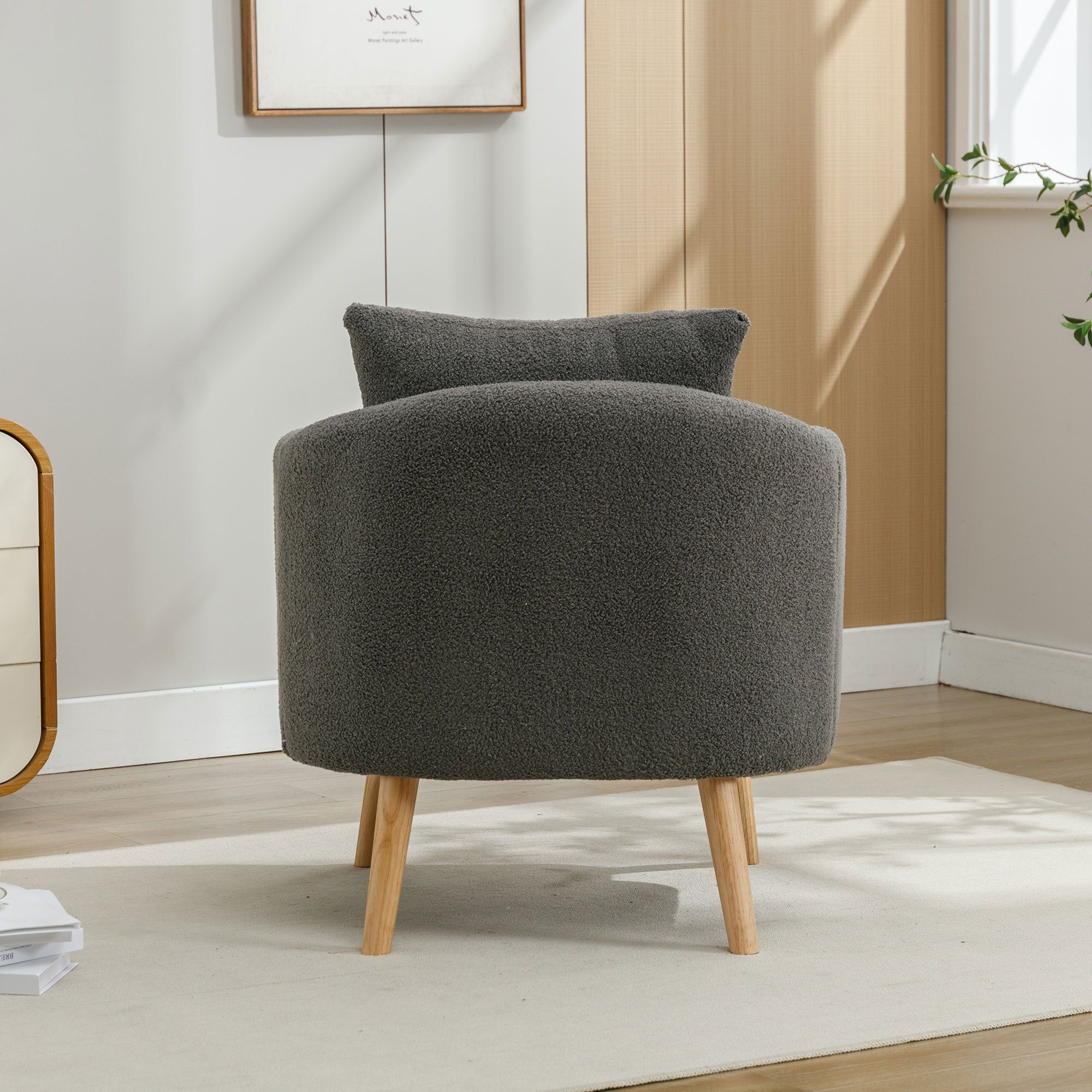 OKWISH Sessel Polstersessel Armlehnensessel Freizeitsessel Einzelsessel Loungesessel (mit Kissen, Sessel mit extra dickem Kissen, Beine aus Massivholz), Moderner, schlichter Teddy-Samtstuhl