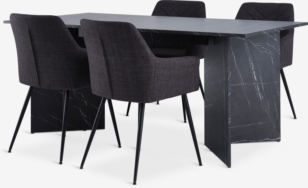 Mesa KRONDAL PURHUS KRONDAL L180 com aparência de mármore, 4 cadeiras PURHUS cinza-escuras