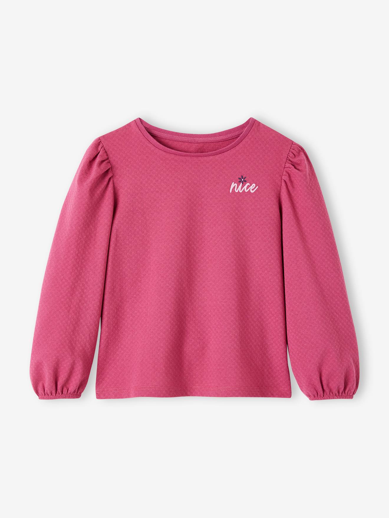 T-shirt texturé fantaisie fille manches longues bouffantes violine
