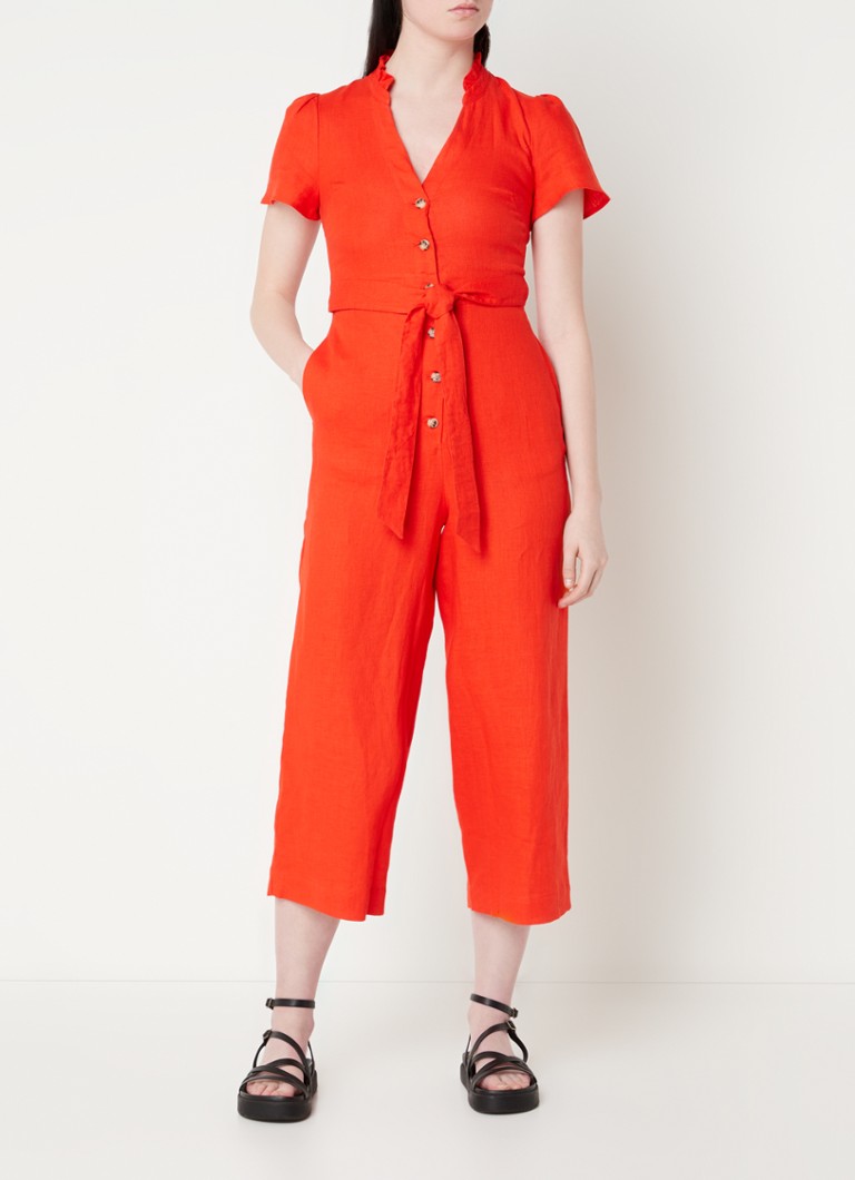 Whistles  Straight fit cropped jumpsuit van linnen met strikceintuur