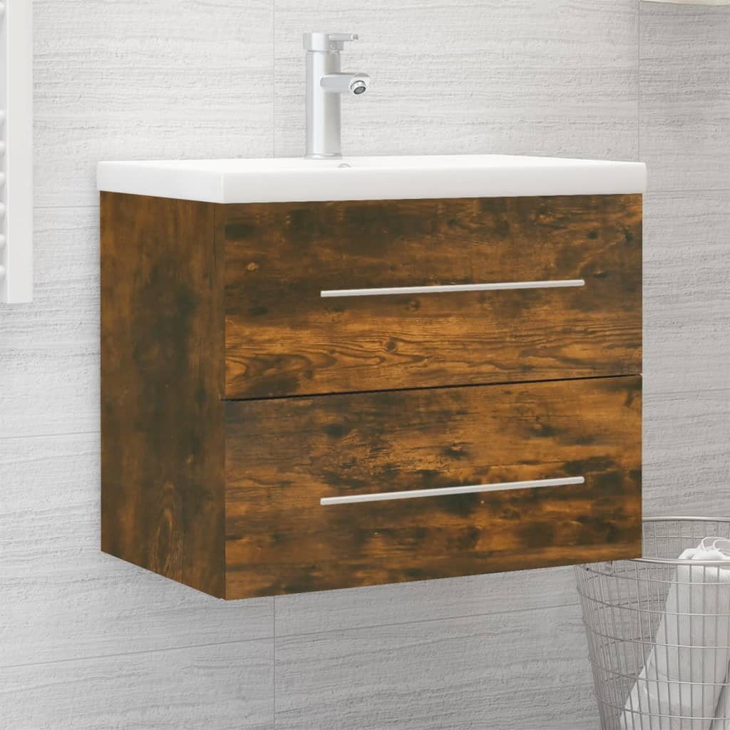 vidaXL Badezimmerspiegelschrank Waschbeckenschrank mit Einbaubecken Räuchereiche Holzwerkstoff (1-St)