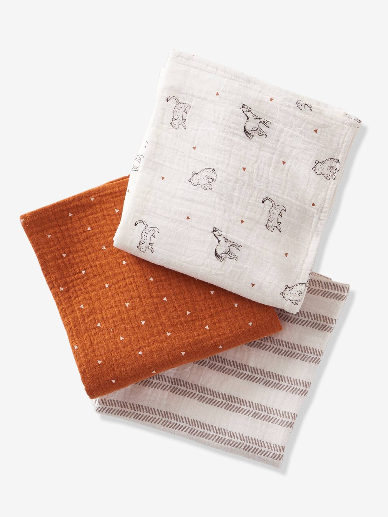 Lot de 3 langes en gaze de coton bio* PETIT NOMADE écru / multicolore