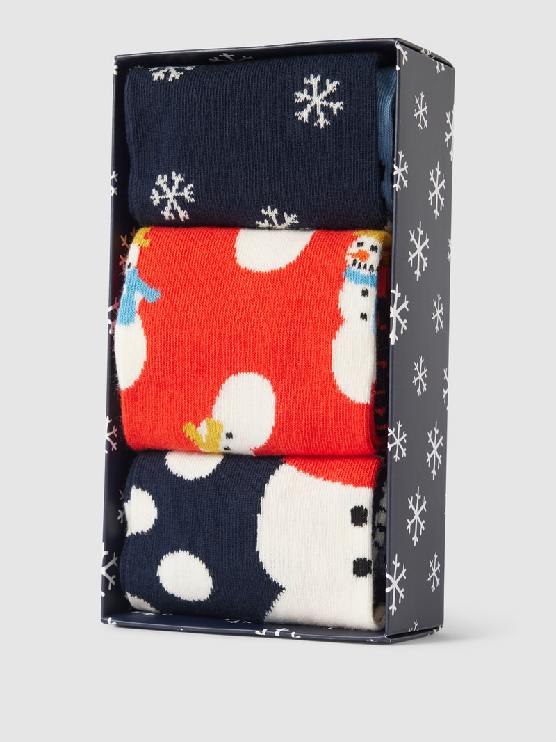 Socken mit Motiv-Print Modell 'Snowman' im 3er-Pack in dunkelblau