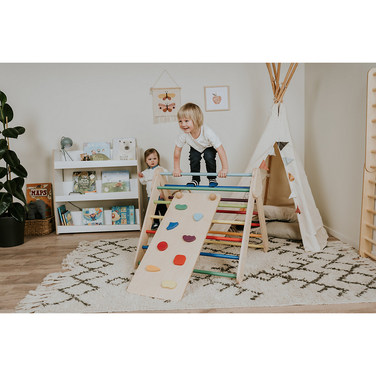 Klettergerüst mit Rampe und Rutsche Indoor, Kletterdreieck aus Holz, Klettern Innnen Kleinkind