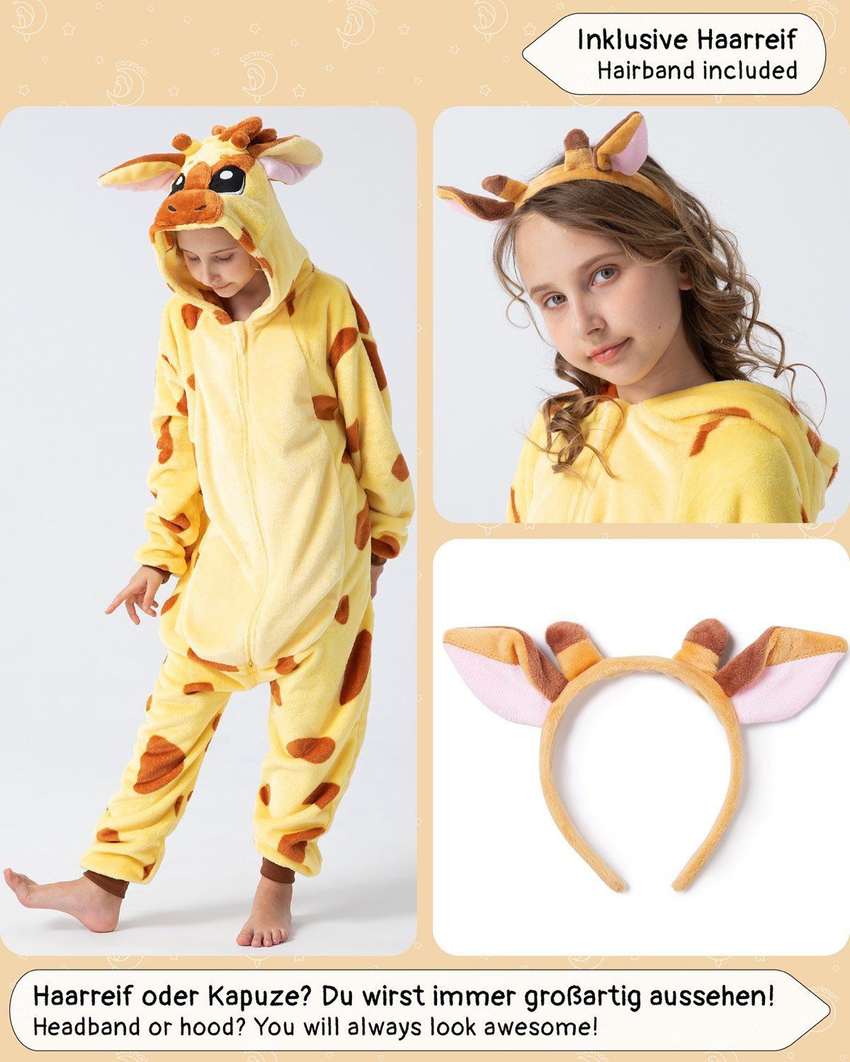 Corimori Jumpsuit Onesie Giraffe, kuscheliges Kostüm für Kinder (2-tlg) Karneval, Fasching, Jugendliche, Mädchen, Jungen, Tierkostüme