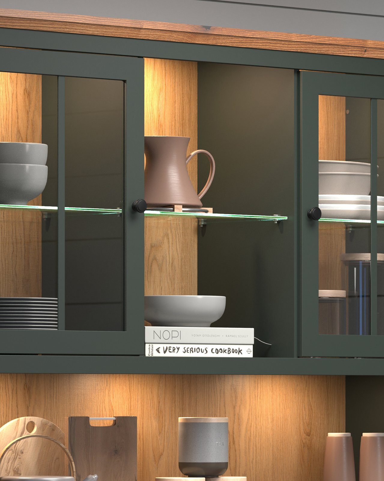 trendteam Buffet Stanton (Buffetschrank in Landhaus grün mit Eiche, 146 x 198 cm) mit LED Beleuchtung