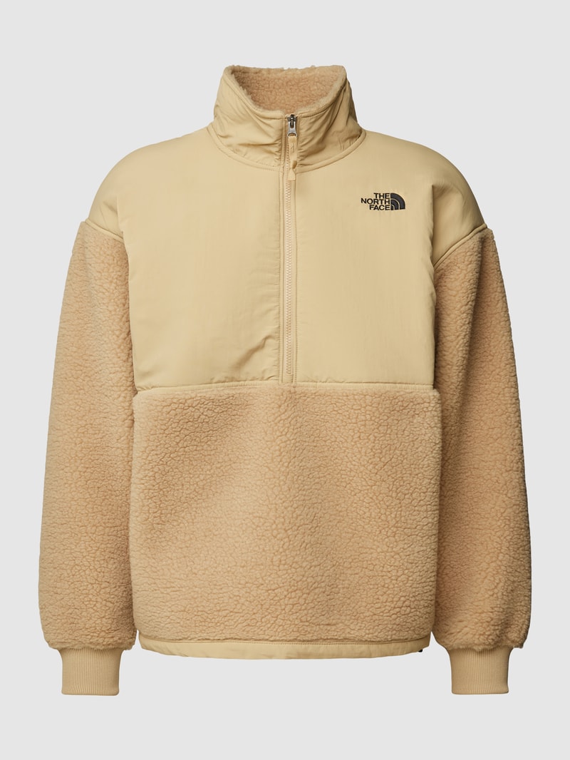 Fleecepullover mit Stehkragen und Label-Stitching in beige