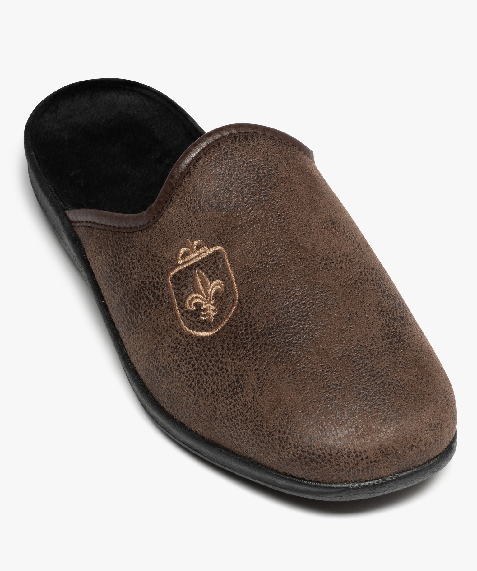Chaussons homme mules dessus cuir imitation avec fleur de lys marron | GEMO