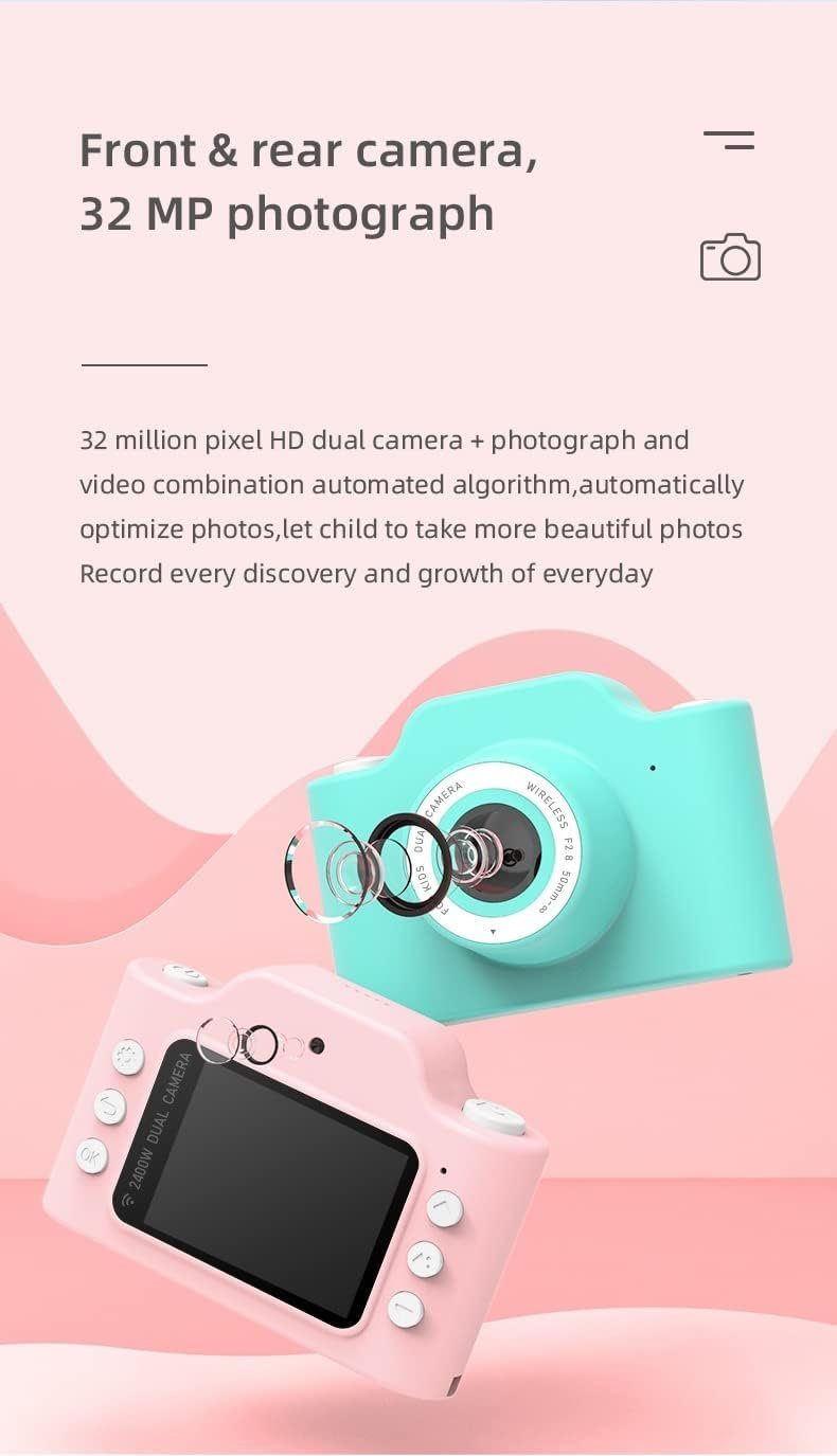 A Ade 32MP 1080P Digitalkamera mit 2 Zoll Bildschirm Kinderkamera (32 MP, WLAN (Wi-Fi), inkl. Dual-Objektiv, 32GB TF-Karte)