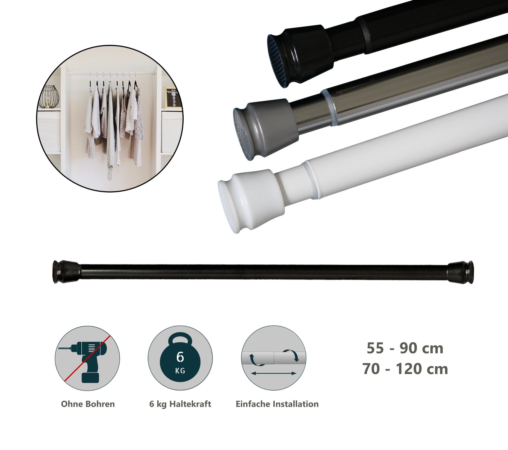 Klemmstange Teleskopstange 55-90 cm Türvorhangstange Duschvorhangstange Badstange, tinycurtains, Ø 0.22 mm, 1-läufig, ausziehbar, klemmbar, geklemmt, Metall, Stange für Türvorhang ohne Bohren stufenlos verstellbar rostfrei