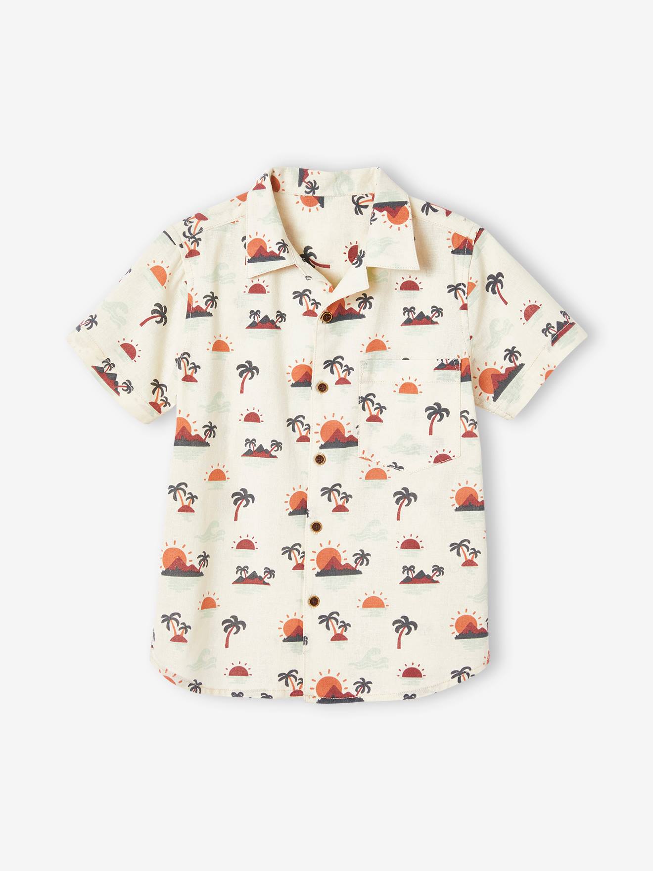 Chemise manches courtes motifs palmiers garçon avec touche de lin blanc imprimé