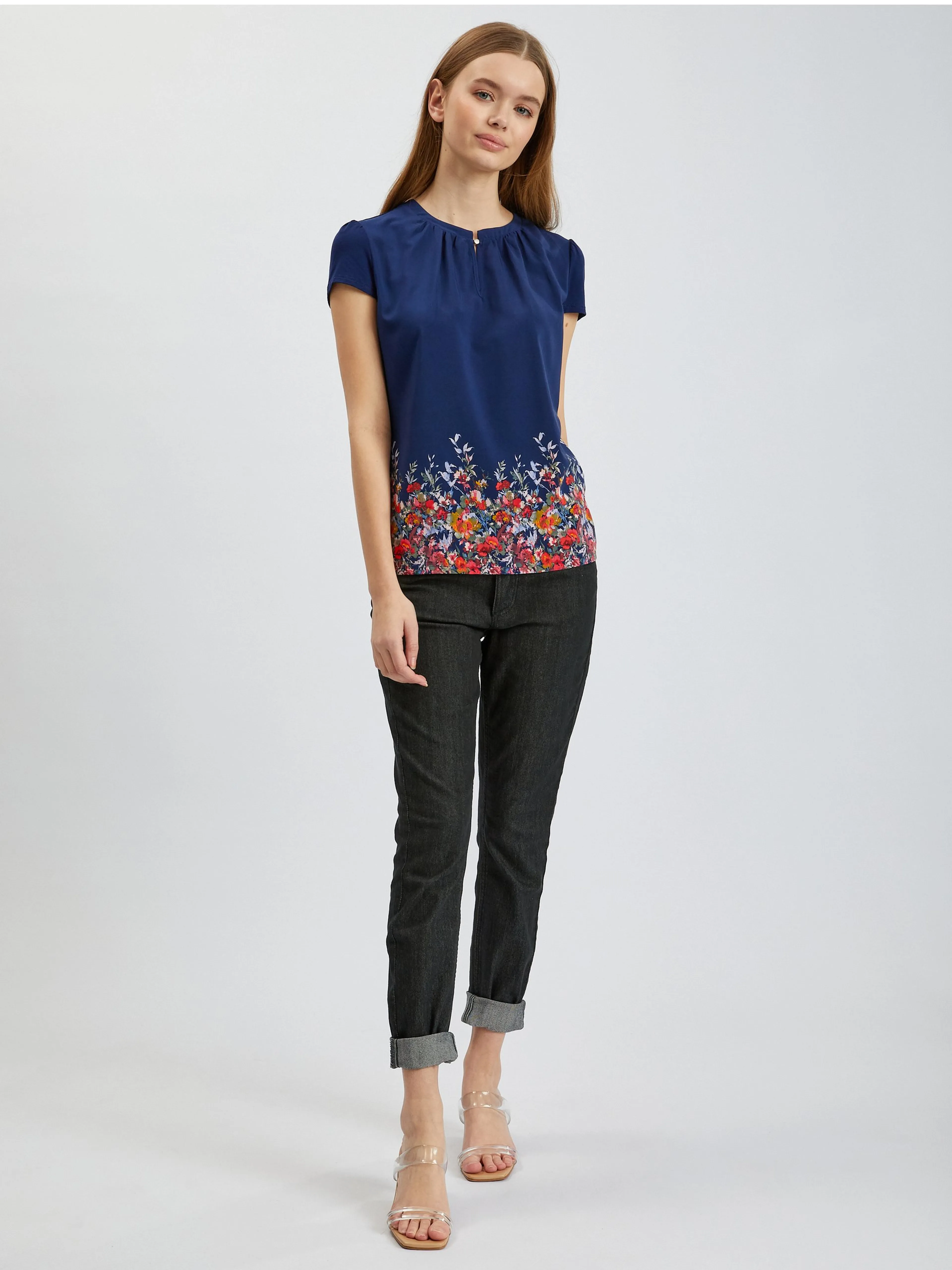 Dunkelblaue Damen-Blumenbluse ORSAY