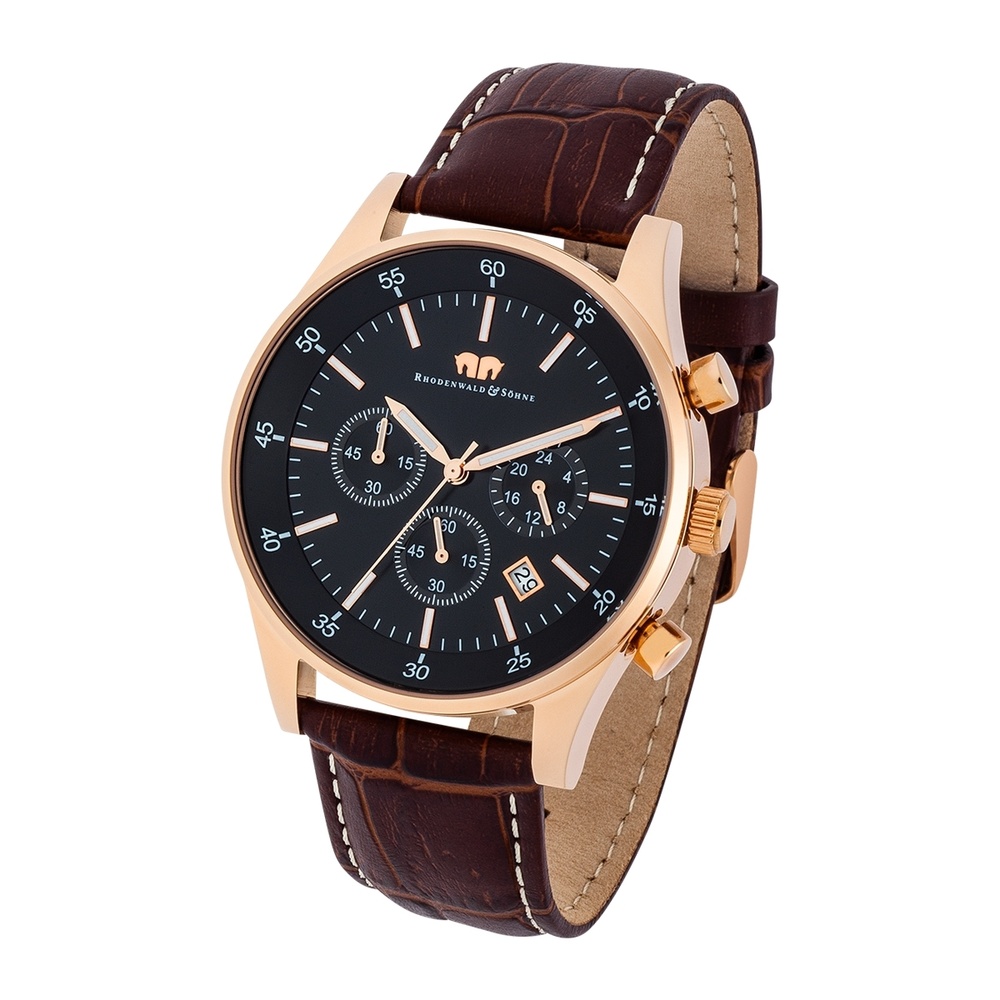 Rhodenwald & Söhne Chronographe Goodwill en Cuir véritable en Brun foncé Montre
