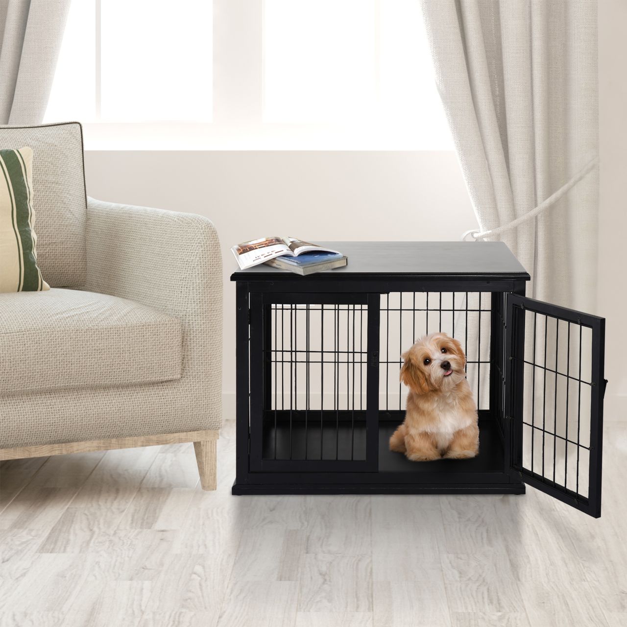 PawHut Hundehütte Hundehaus Transportbox für Innen Hundebox Tierkäfig Schwarz