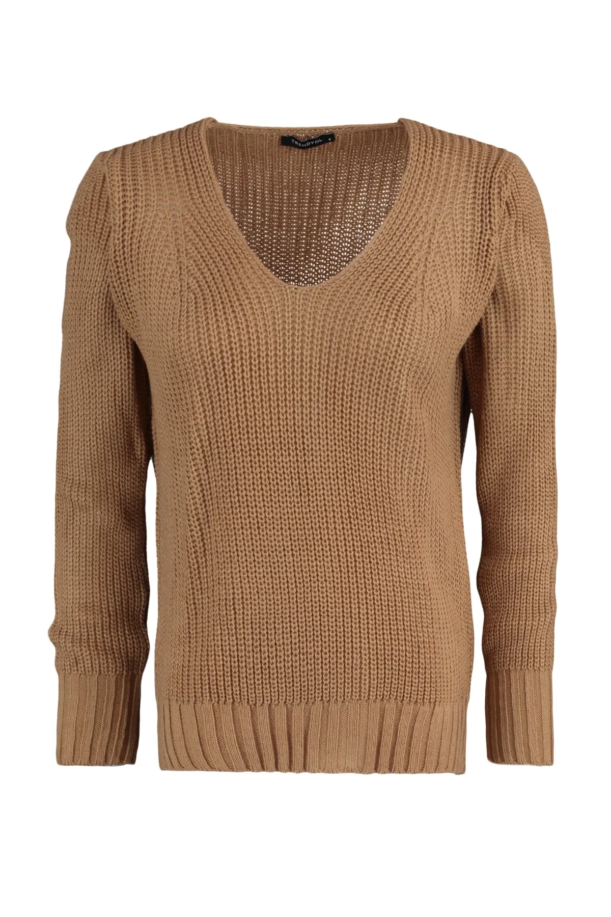 Trendyol Collection  Kamelfarbener Strickpullover mit V-Ausschnitt TWOAW22KZ0880