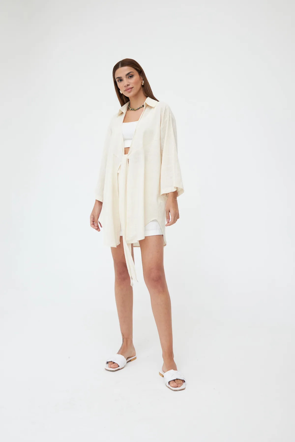 Laluvia  Steinfarbenes Flam-Leinen-Kimono-Shirt
