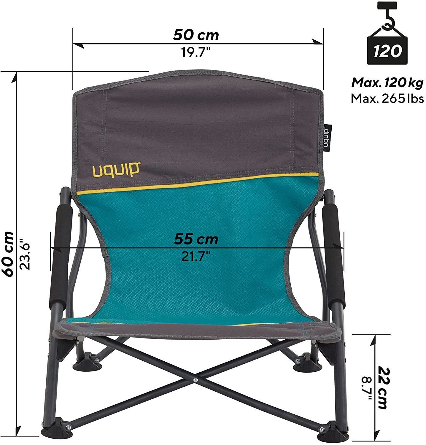 UQUIP Campingstuhl Sandy Strandstuhl - Bequemer Klappstuhl mit Traglast bis 120 kg, niedrige Höhe für bequemen Sitz, breite Füße gegen Einsinken auf weichem Sand, gepolsterte Armlehnen
