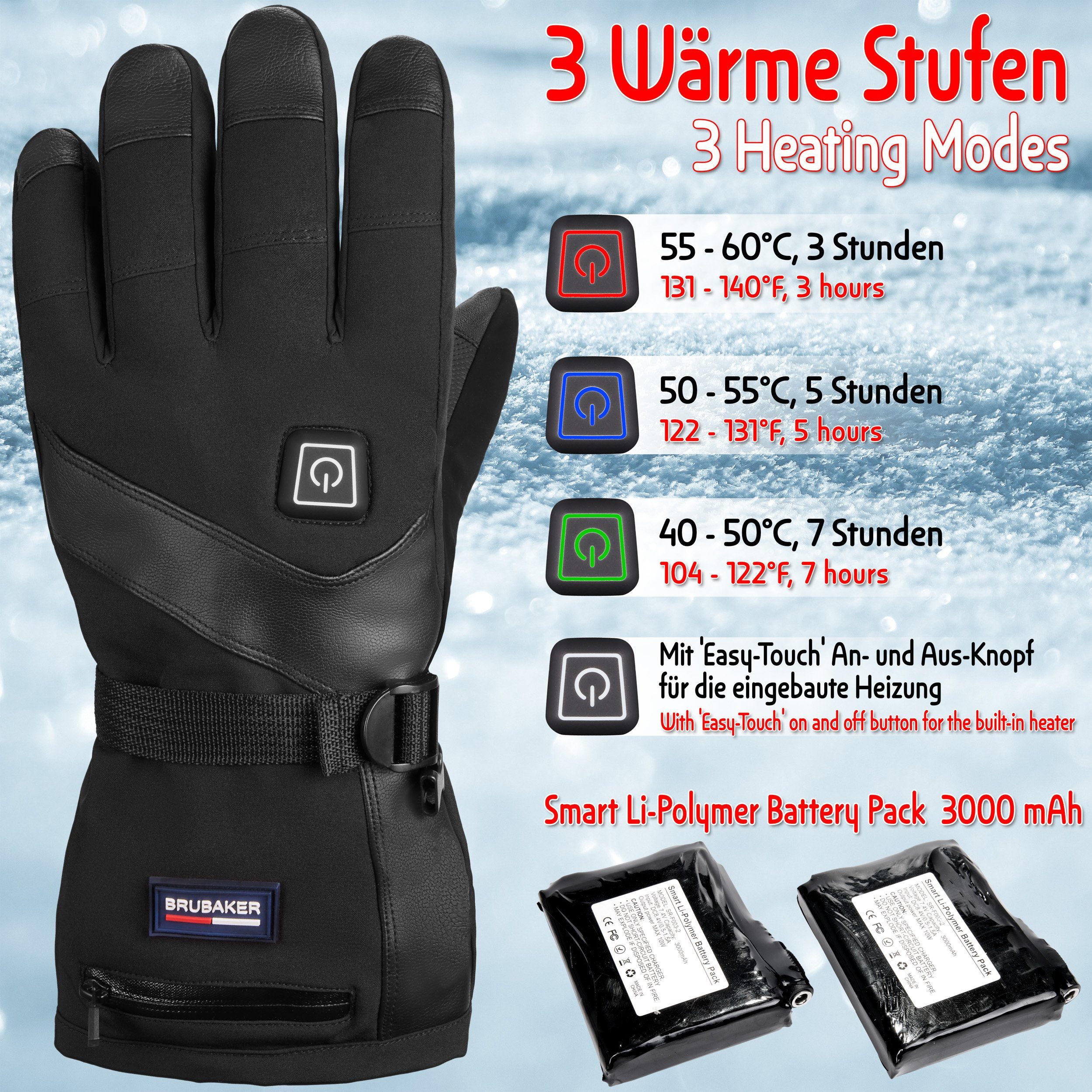 BRUBAKER Skihandschuhe Beheizbare Thermo Handschuhe mit Akku (mit Reißverschluss-Tasche) Wasserdicht und Winddicht – Winterhandschuhe für Herren und Damen - 3 Stufen Temperaturregler Heizung - Thermo Handschuhe Skifahren, Motorrad und Fahrrad