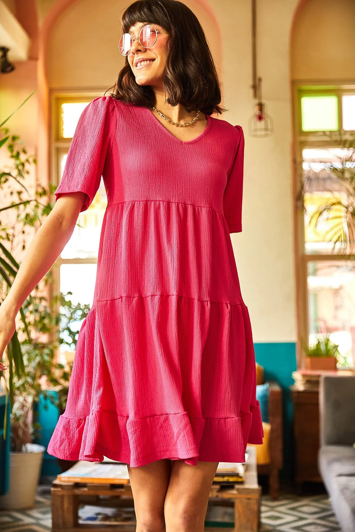 Olalook  Fuchsiafarbenes, lässiges Strickkleid mit V-Ausschnitt für Damen ELB-19001695