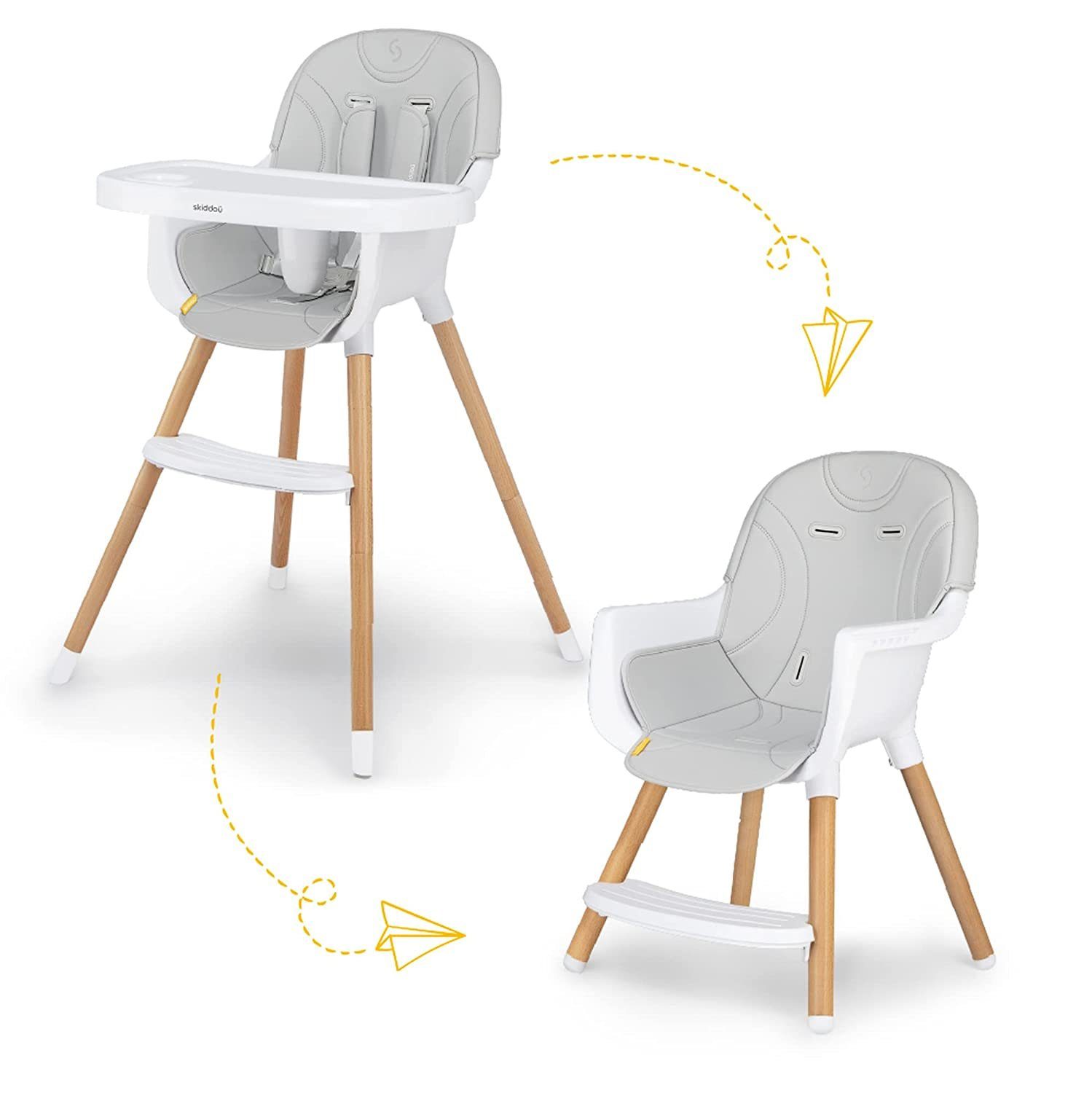 Skiddoü Hochstuhl skiddoü Hochstuhl Sunt, verstellbaren 5-Punkt-Sicherheitsgurt 2 in 1 Kinderstuhl, Babyhochstuhl Holzbeinen hoher Qualität, Fütterungsstuhl mit originalem Design, Fußstütze, Doppeltablett, hellgrau