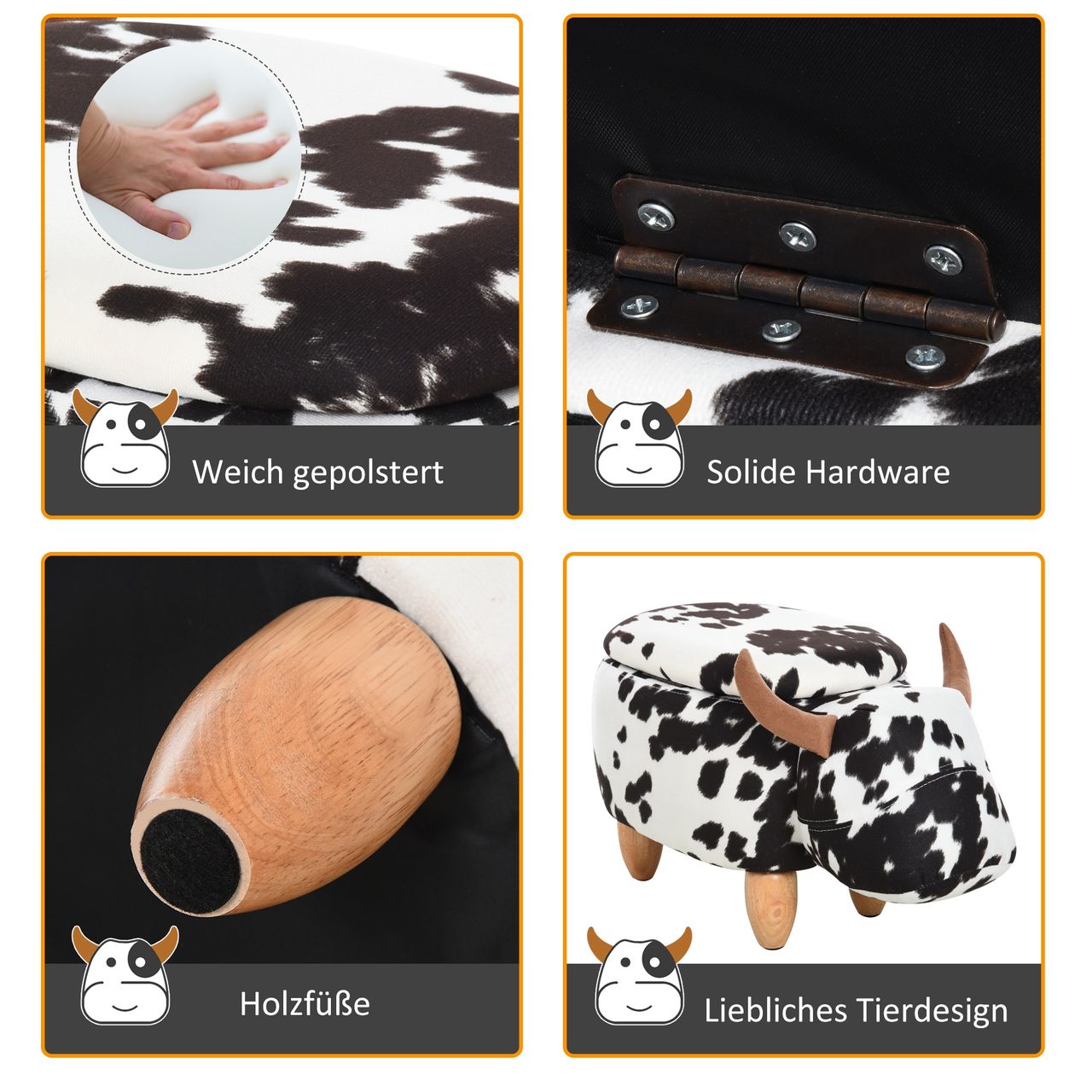 HOMCOM Tierhocker, Dekohocker mit Stauraum, Polsterhocker, Sitzhocker, Sitzbank mit Tier-Design, für Wohnzimmer, Schweinchen Fußbank, Schwarz Weiß, 62 x 35 x 36 cm