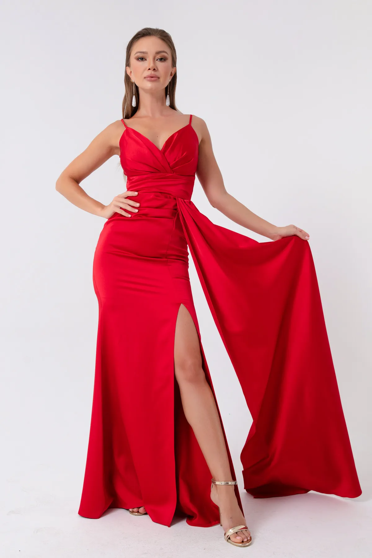 Lafaba  Rotes langes Abendkleid und Abschlusskleid aus Satin mit Trägern für Damen