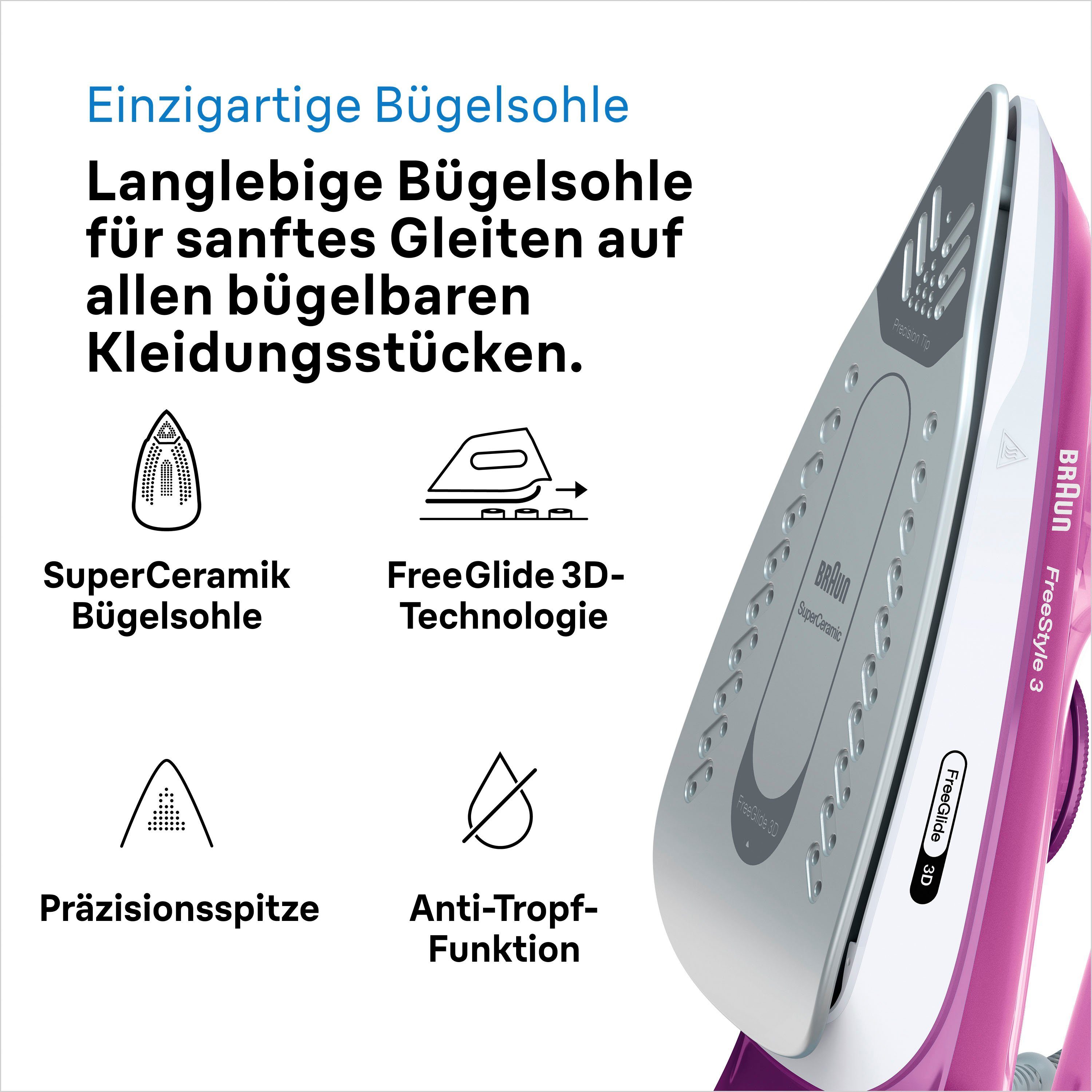 Braun Dampfbügeleisen Braun FreeStyle 3 FI 3124 PU Dampfbügeleisen Weiß/Lila, 2400 W