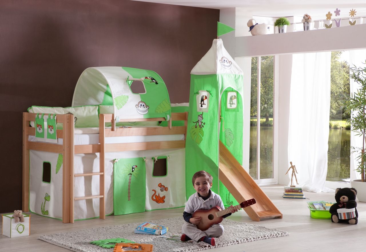 Relita Halbhohes Spielbett ALEX mit Rutsche/Turm/Tunnel Buche massiv natur lackiert mit Stoffset Dschungel