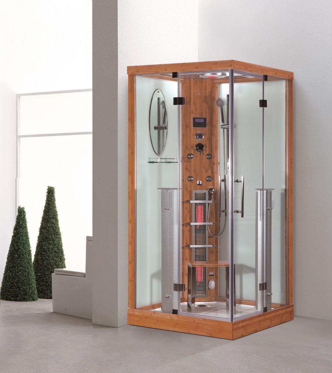 PureHaven 2in1 Dampfdusche & Infrarotsauna 100x100x215 cm Aluminiumrahmen komplettem Zubehör Tropenbrause Sitzfläche Radio Massagefunktion holzfarben