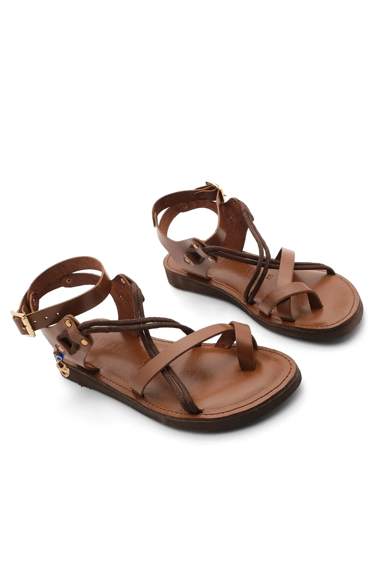 Marjin  Damen-Flip-Flops aus echtem Leder mit Eva-Sohle und gekreuzten Seildetails für den Alltag, Rivade Tan