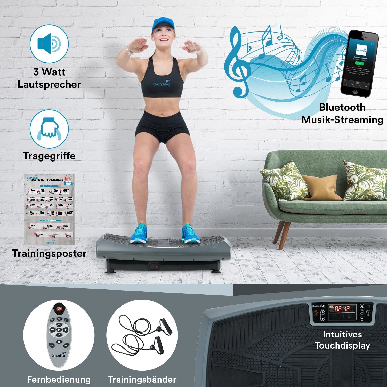 Skandika Vibrationsplatte 3D Vibration V2000 (grau) Curved Design, 2 Starke Motoren, Trainingsbänder, Poster, Fernbedienung, Bluetooth