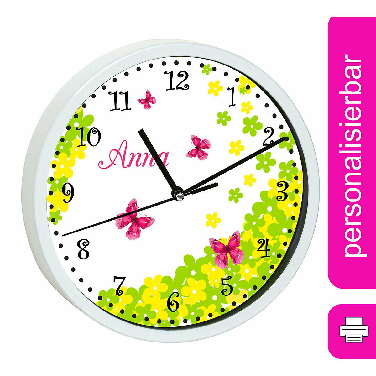 Kinder Wanduhr personalisiert mit Name Schmetterling Blume