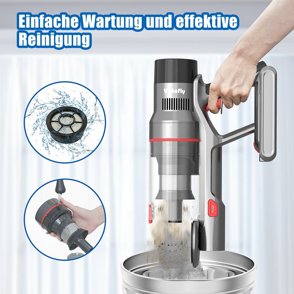 VISTEFLY Akku-Stielstaubsauger V15 Geeignet zur Reinigung von Tierhaaren, Teppichen und Hartböden, 500,00 W, beutellos, automatische Saugkraftregelung, 60 Minuten Laufzeit, 3 Saugmodi