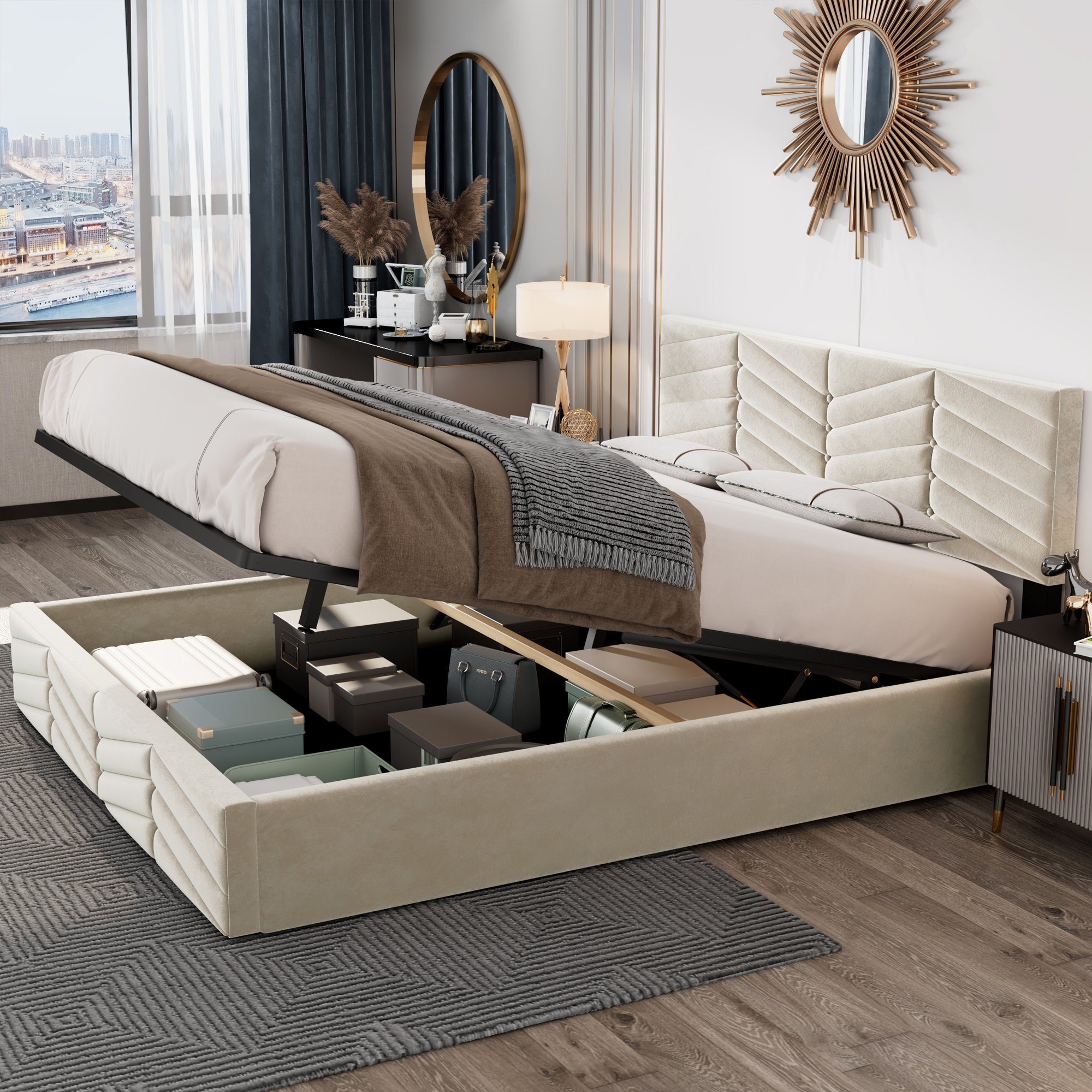 OKWISH Polsterbett Doppelbett Stauraumbett (140 x 200,Weiß mit Lattenrost ohne Matratze), Continentalbett,höhenverstellbares Kopfteil Allgemeine Daten