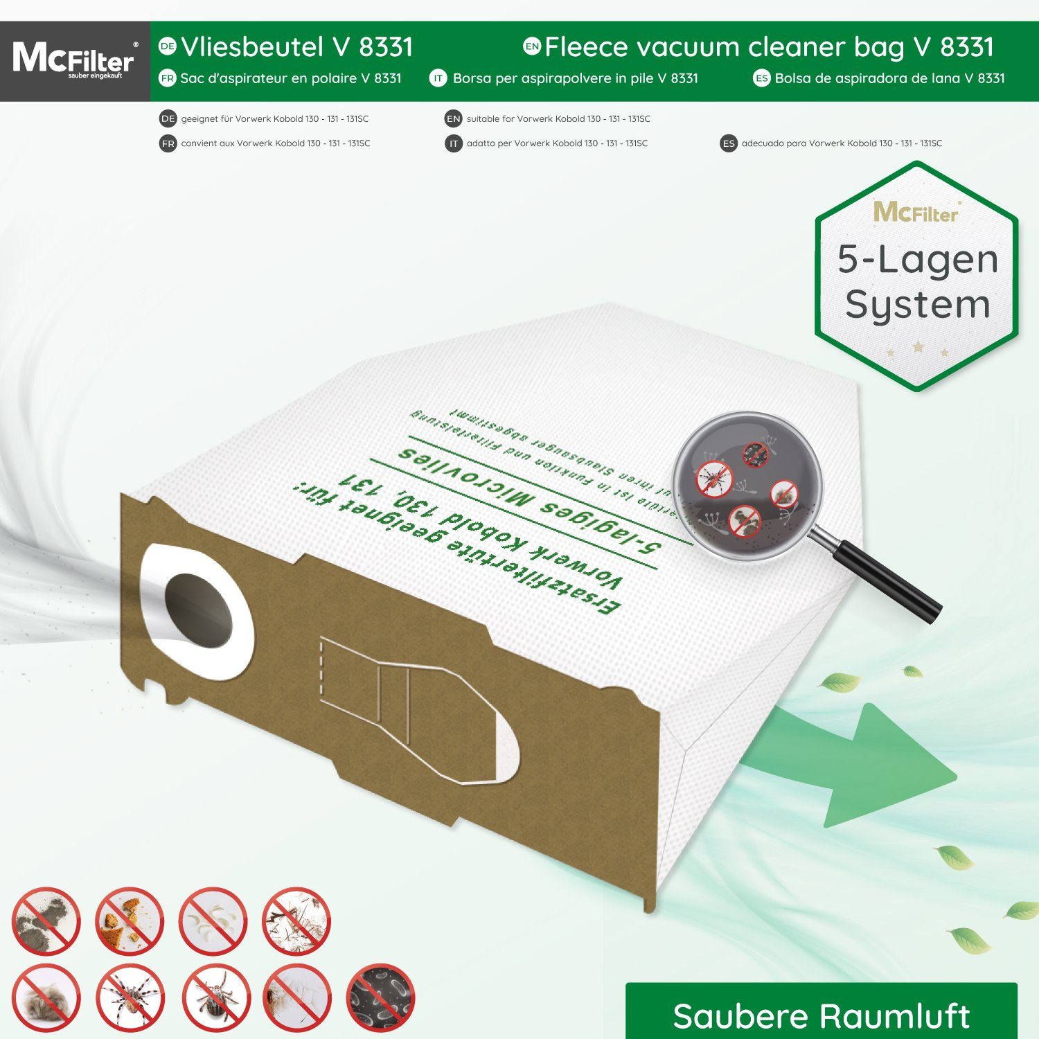 McFilter Staubsaugerbeutel (18 Stück), passend für Vorwerk Kobold VK 130, VK 131 SC, 18 St., mehrlagig, Pappdeckscheibe, inkl. Staubverschluss