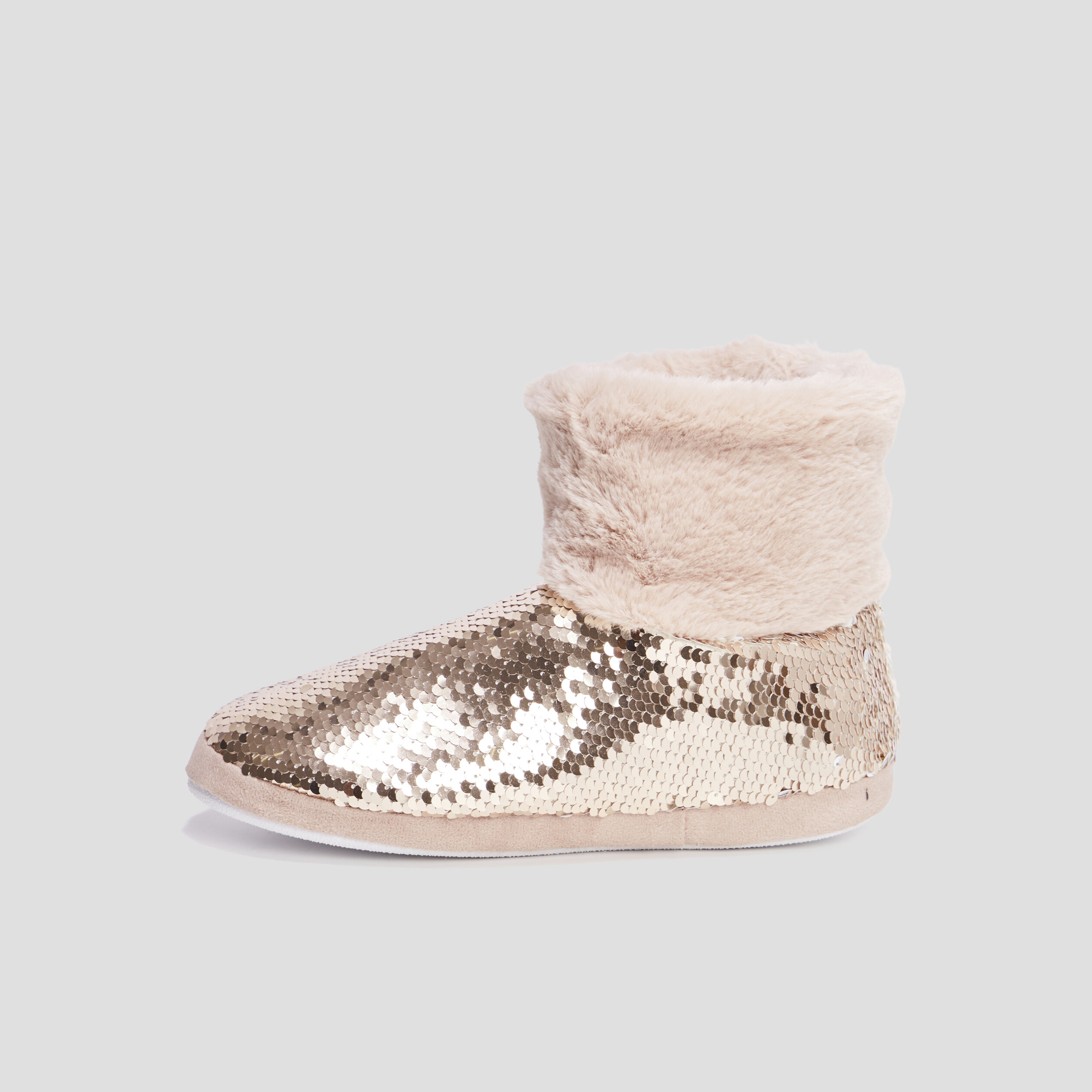 Chaussons bottines sequins et fourrure jaune or femme | La Halle