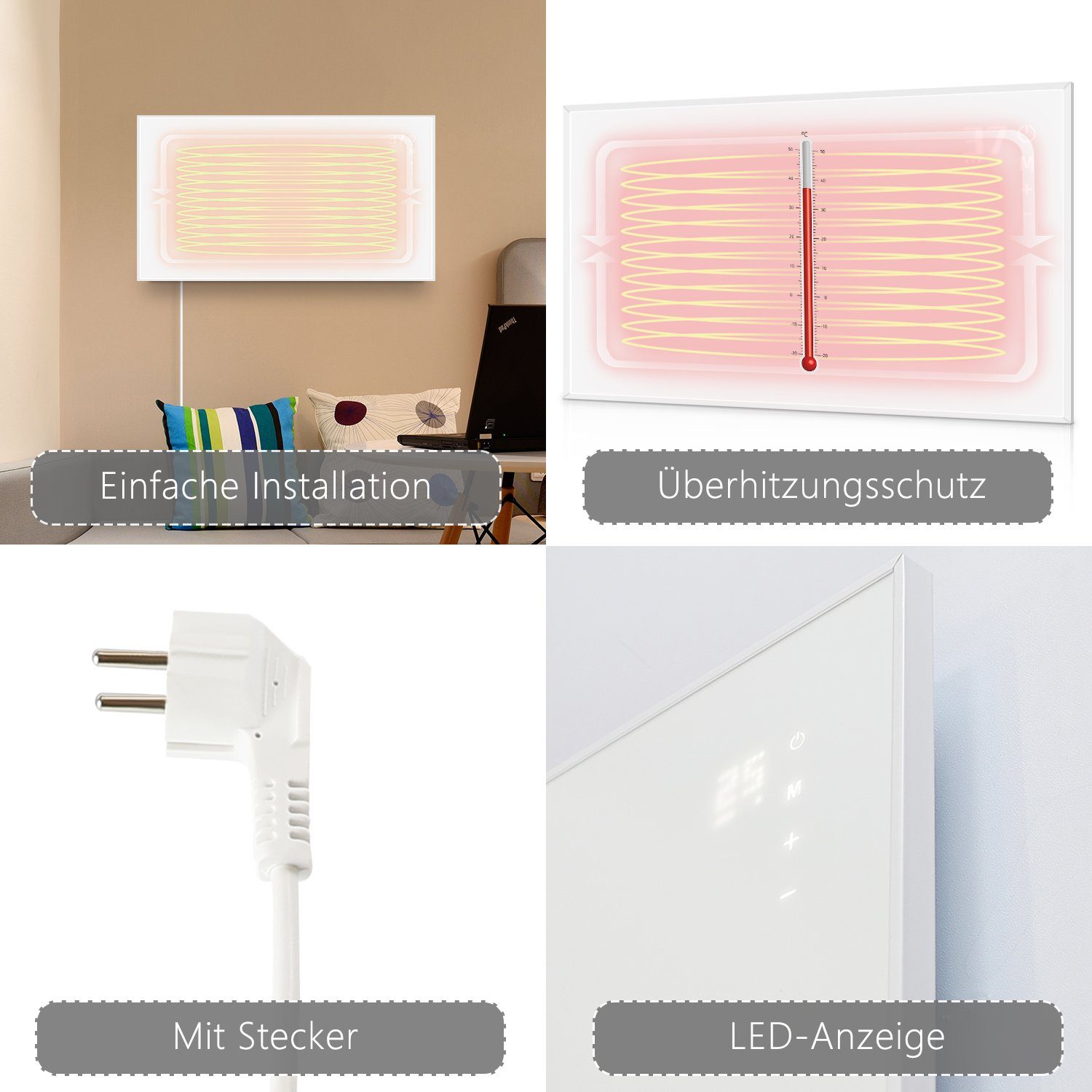 Nettlife Infrarotheizung mit thermostat 450/600/720W Wandmontage Infrarot Wandheizung, Energiesparend Elektroheizkörper mit Fernbedienung