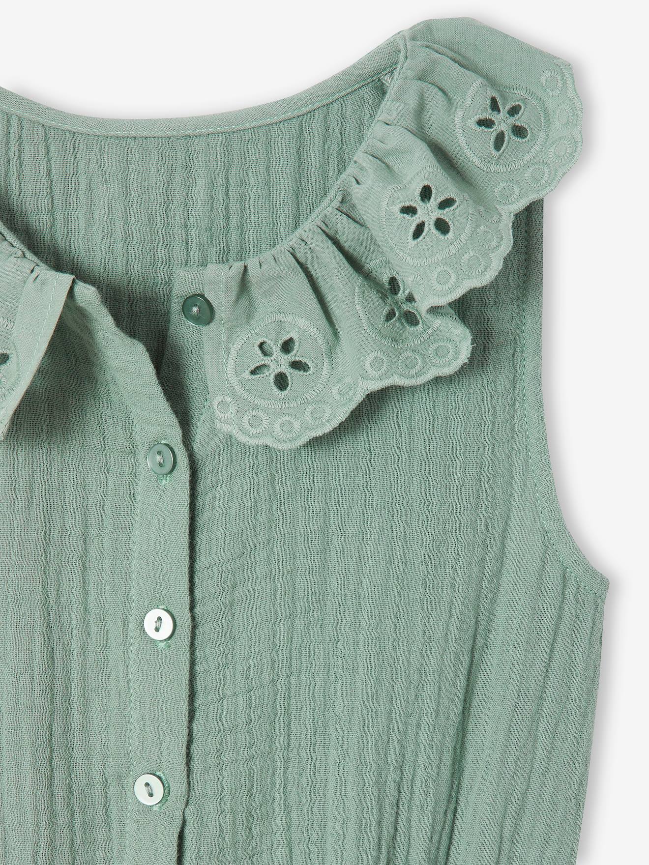 Vertbaudet Mädchen Jumpsuit aus Musselin, bestickter Kragen - salbeigrün