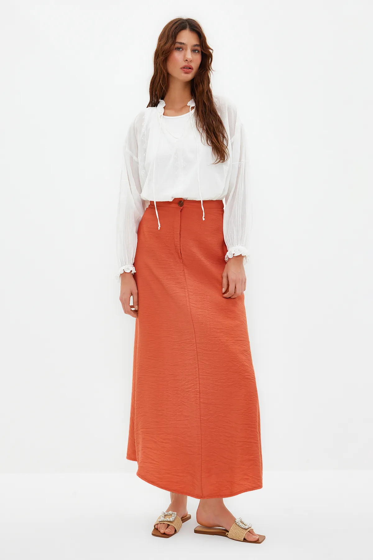 Trendyol Modest  Zimtfarbener, gewebter Leinen-Look-Rock mit normaler Taille TCTSS21ET0539