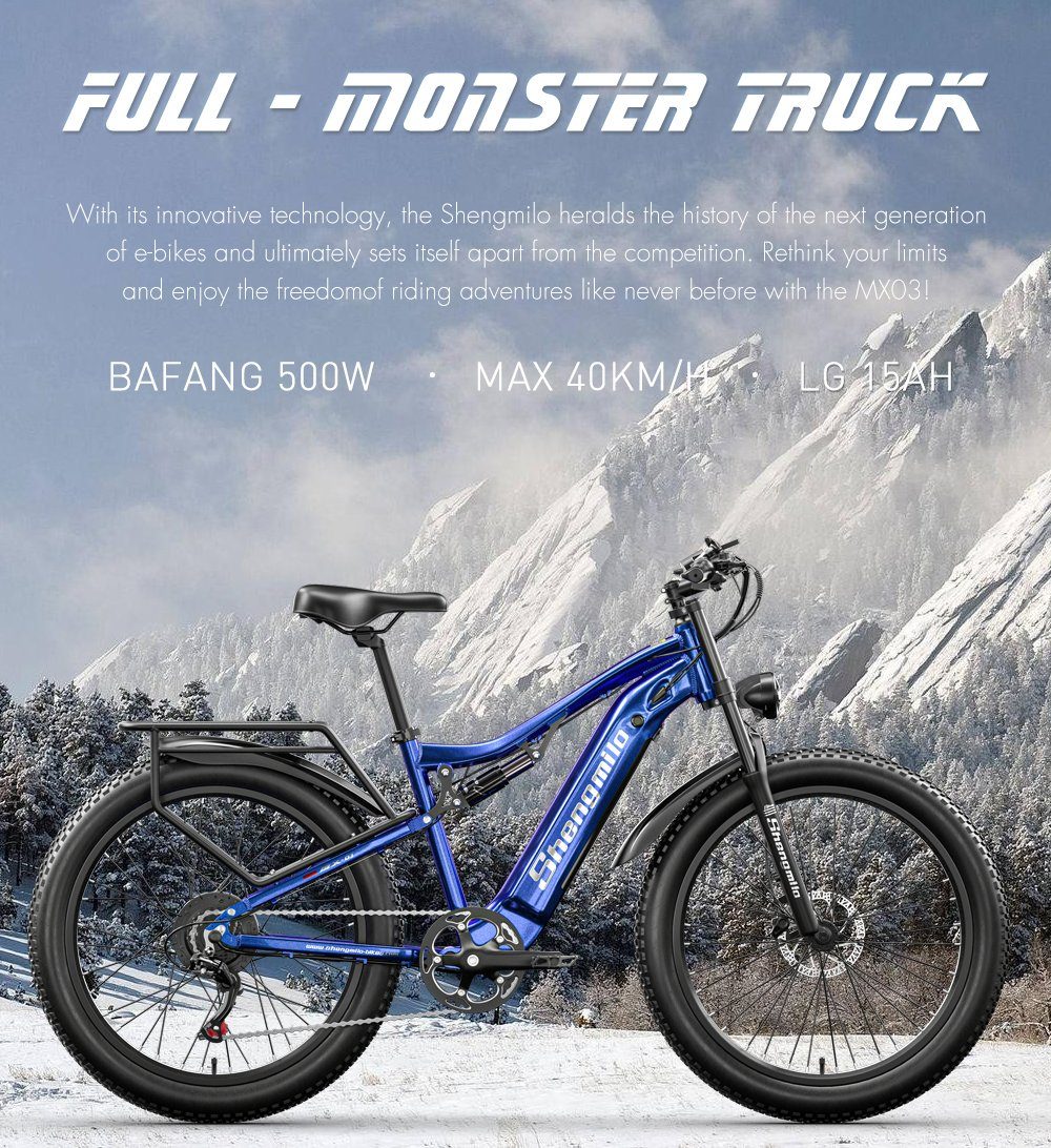 Shengmilo E-Bike MX03 E-Mountainbike 15AH 26 Zoll 40km/h 500W, 7 Gang Shimano Shimano TX55 Schaltwerk, Kettenschaltung, Hinten montierter Motor, (Set), Mit Luftpumpe, Heckrahmen, Werkzeug,Für alle Terrains geeignet,ebike