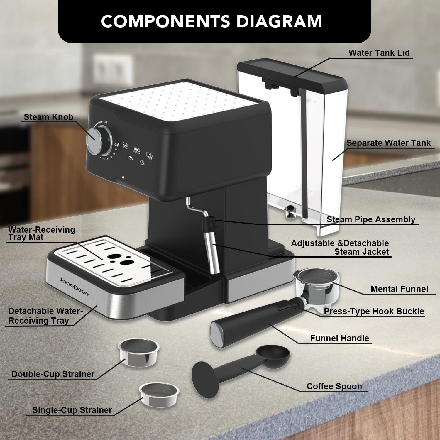 Diyarts Siebträger-/Filterkaffeemaschine, Milchschaumdüse Espressomaschine 15 Bar 950W LED-Touchscreen