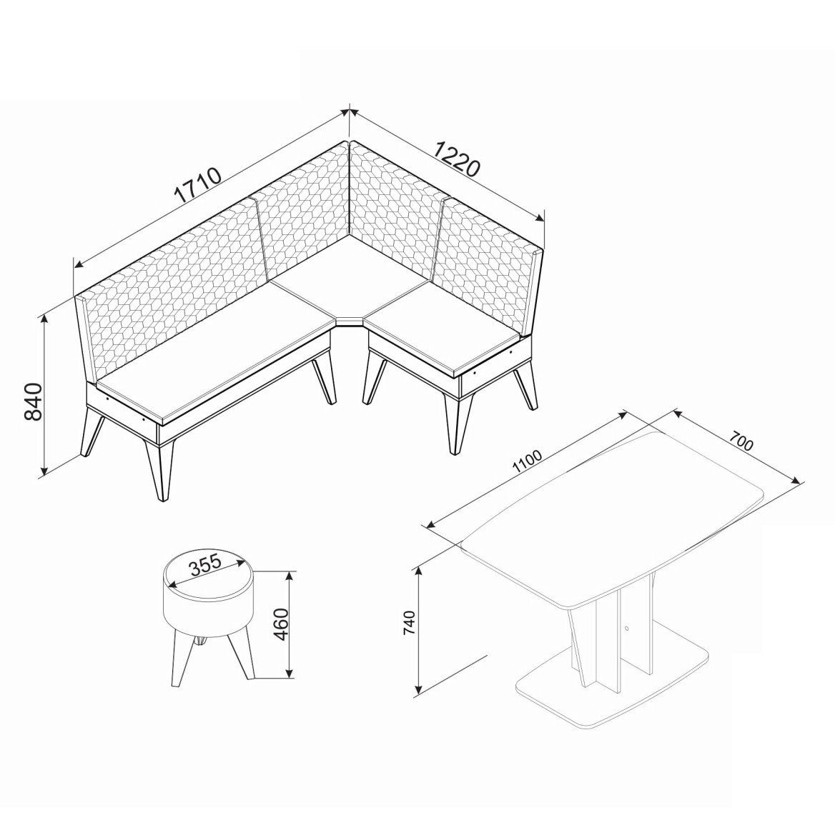 Rodnik Eckbankgruppe Polaris, (Set, 4-tlg., Essgruppe : Eckbank, Esstisch, 2 Hocker)