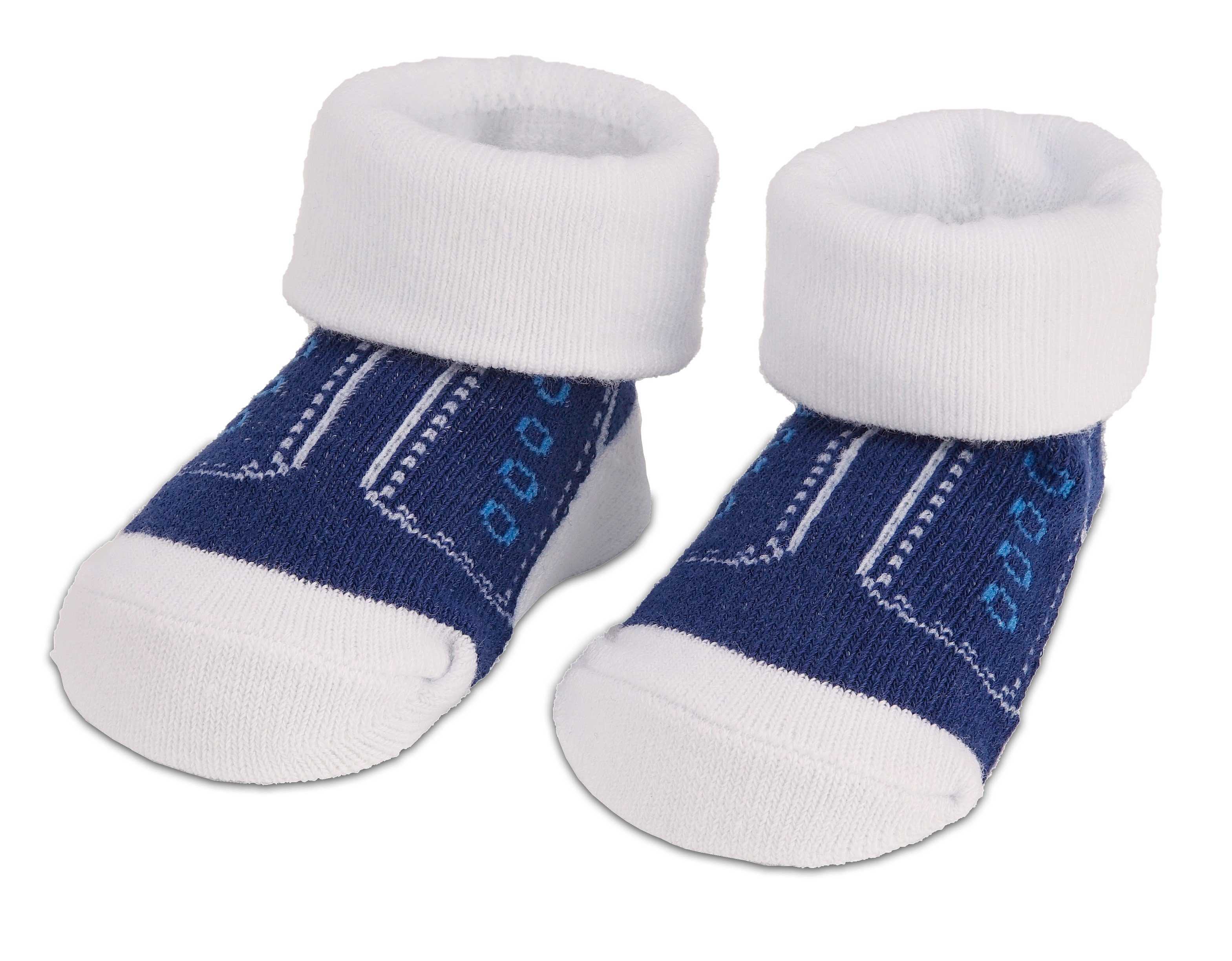 BRUBAKER Strümpfe Babysocken für Jungen und Mädchen 0-12 Monate (4-Paar, Baumwollsocken im Sneaker Style) Turnschuh Design, Baby Geschenkset für Neugeborene in Geschenkverpackung mit Schleife, Schuh Optik