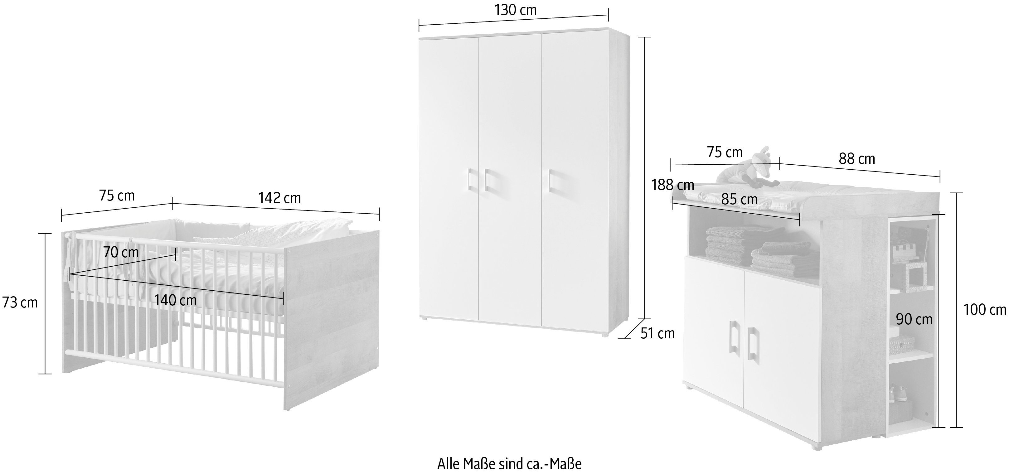 arthur berndt Babyzimmer-Komplettset arthur berndt Kilian, (Set, 5-St), Kleiderschrank, Kinderbett, Wickelkommode, Seiten und Wickelkomm-Regal