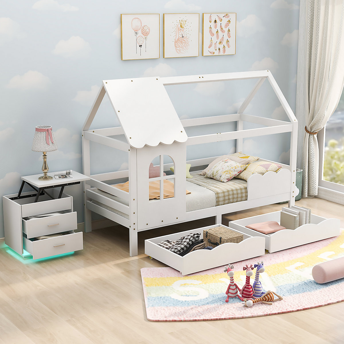Hausbett 90x200 cm mit Schubladen und Rausfallschutz