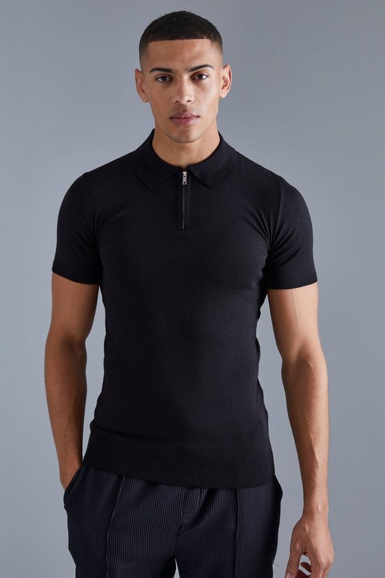 Kurzärmliges Muscle-Fit Poloshirt mit halbem Reißverschluss