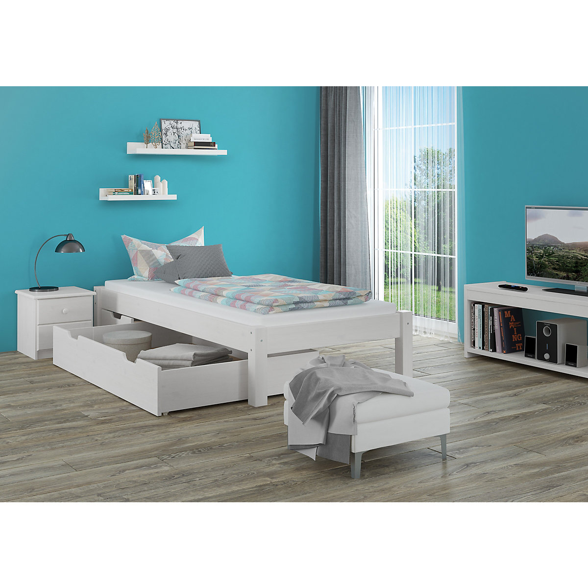 Weißes Jugendbett Kiefer massiv 90x200 mit Rost und Matratze