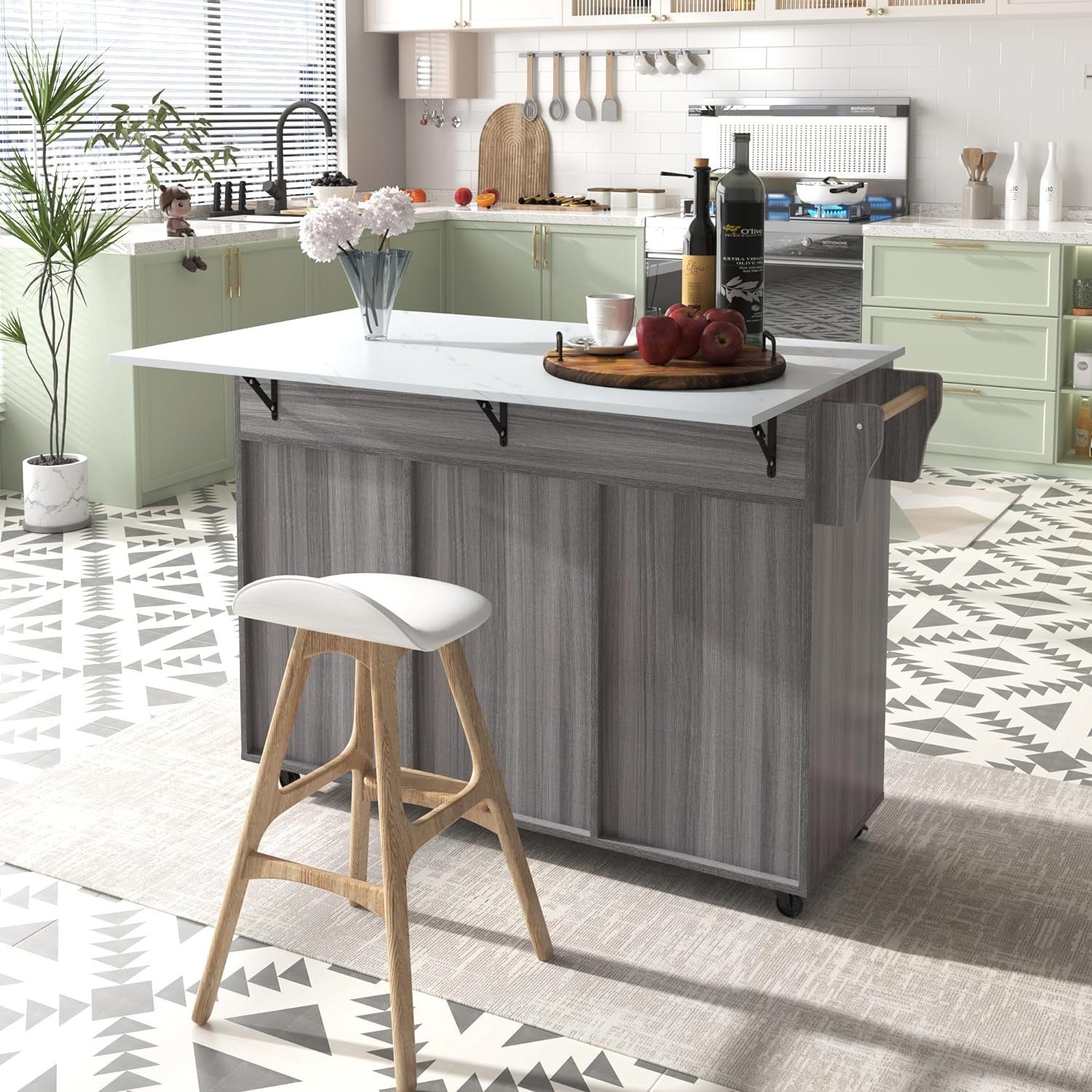 BlingBin Sideboard Speisewagen Faltbare Arbeitsplatte mit Massivholzmaserung + Schrank (1er Set, 1 St., Sideboard), Aufbewahrungstür-Design/Räder/Massivholzfüße umschaltbar