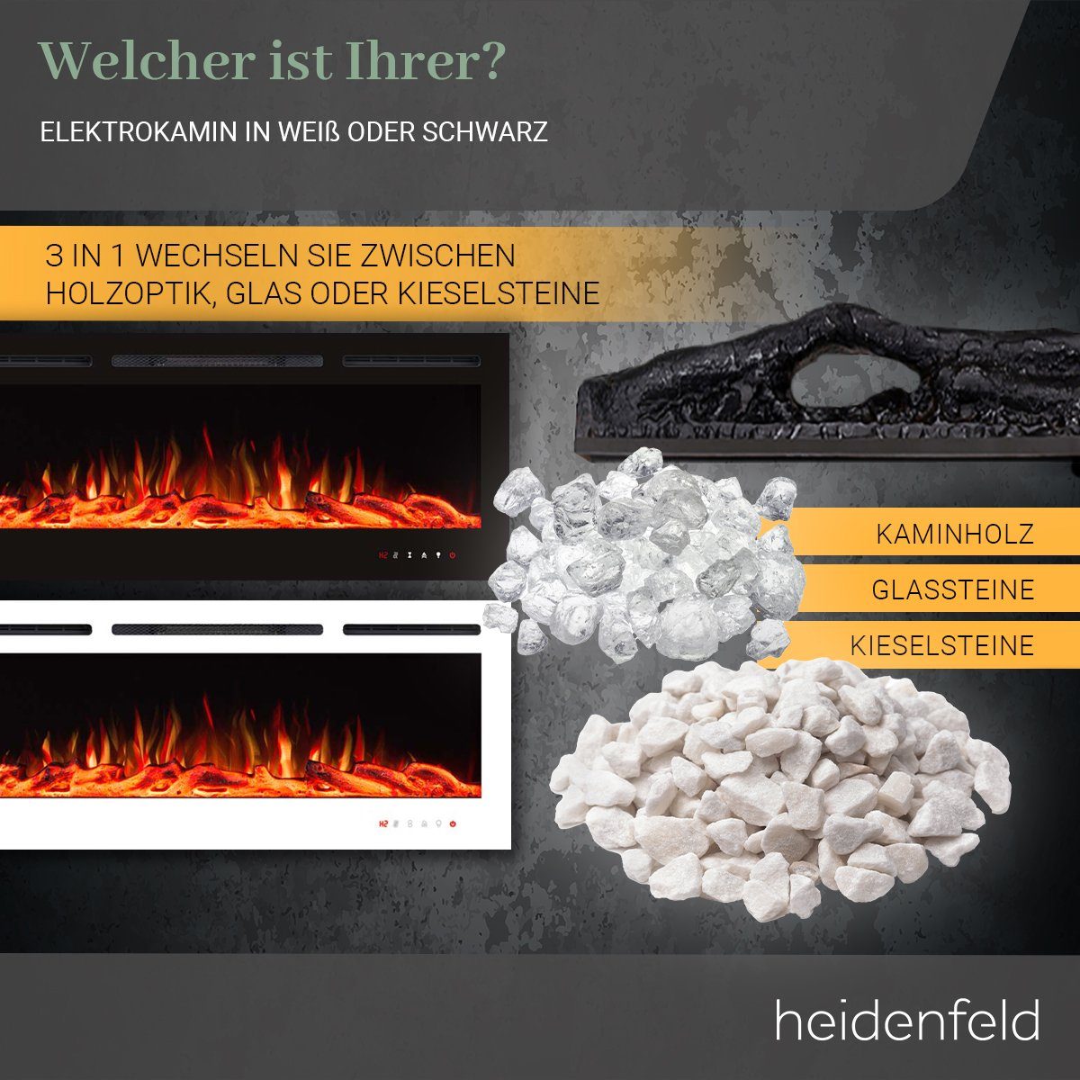 Heidenfeld Elektrokamin Kamin Heizung Wandkamin HF-WK200 750/1500 Watt inkl. 3 Jahre Garantie, 3D Flammen - 10 wählbare LED Farben - Fernbedienung - Elektroheizung